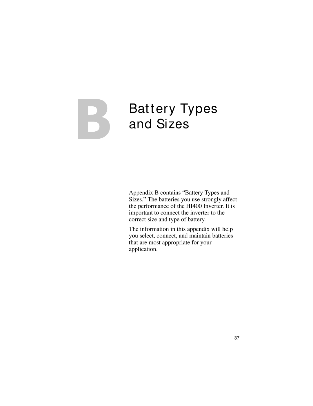 Xantrex Technology HI400 manual Battery Types and Sizes 