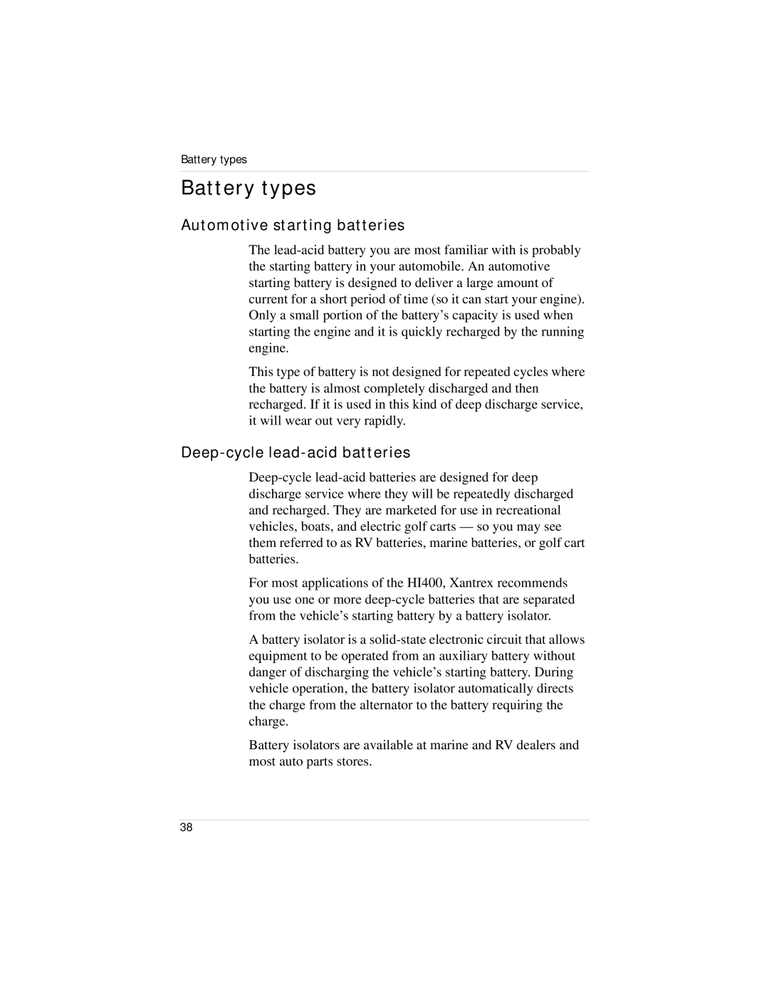 Xantrex Technology HI400 manual Battery types, Automotive starting batteries, Deep-cycle lead-acid batteries 