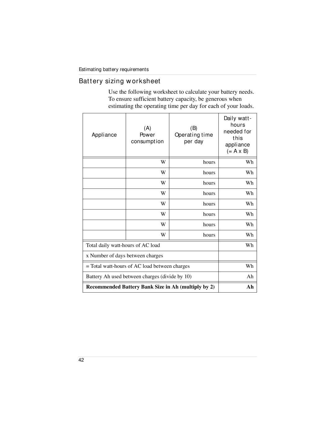 Xantrex Technology HI400 manual Battery sizing worksheet 