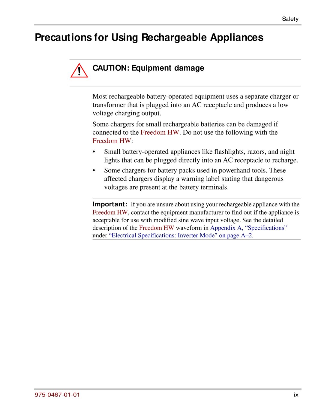 Xantrex Technology HW 1000 manual Precautions for Using Rechargeable Appliances 