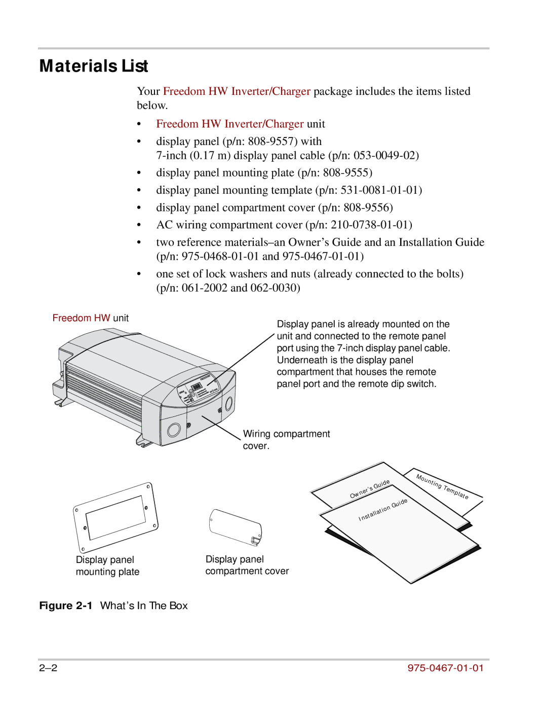 Xantrex Technology HW 1000 manual Materials List, Freedom HW Inverter/Charger unit 