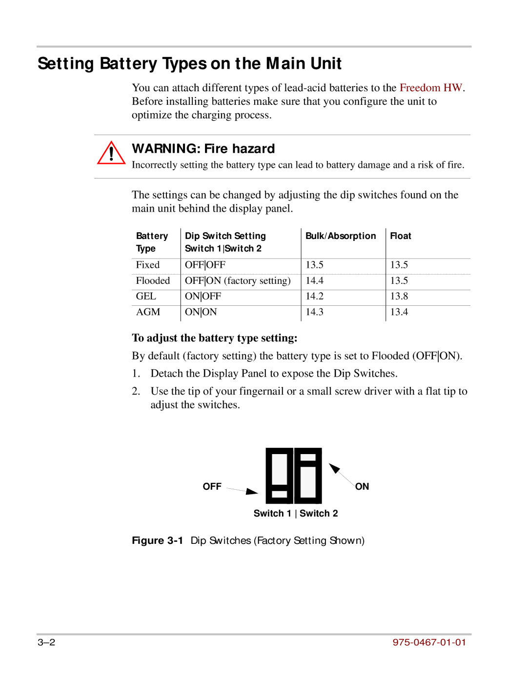 Xantrex Technology HW 1000 manual Setting Battery Types on the Main Unit, To adjust the battery type setting 