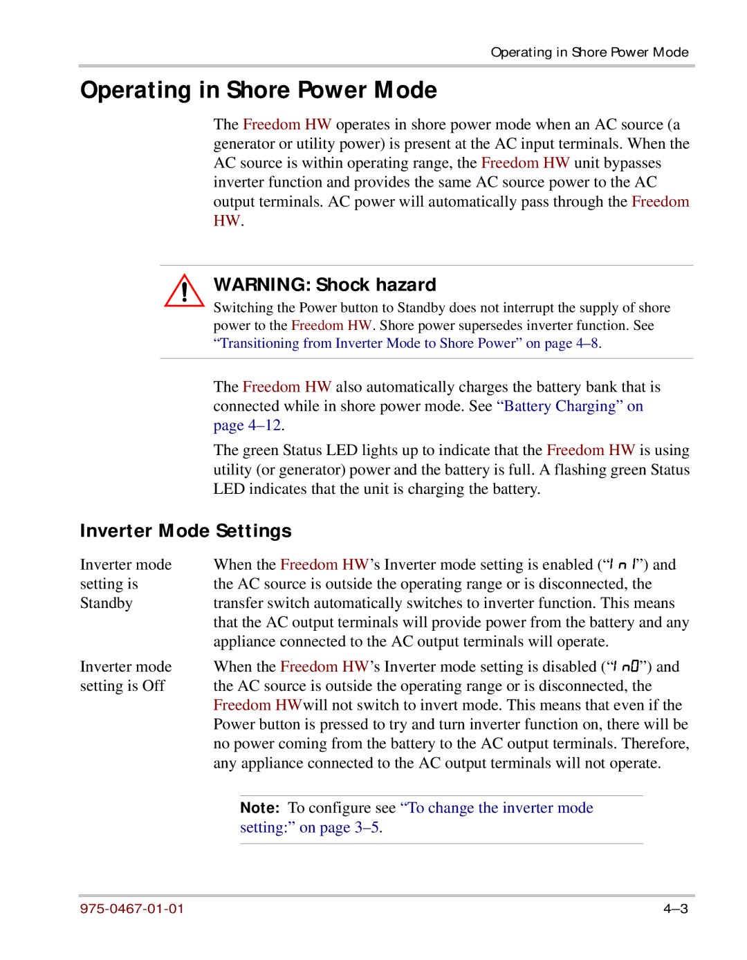 Xantrex Technology HW 1000 manual Operating in Shore Power Mode, Inverter Mode Settings 