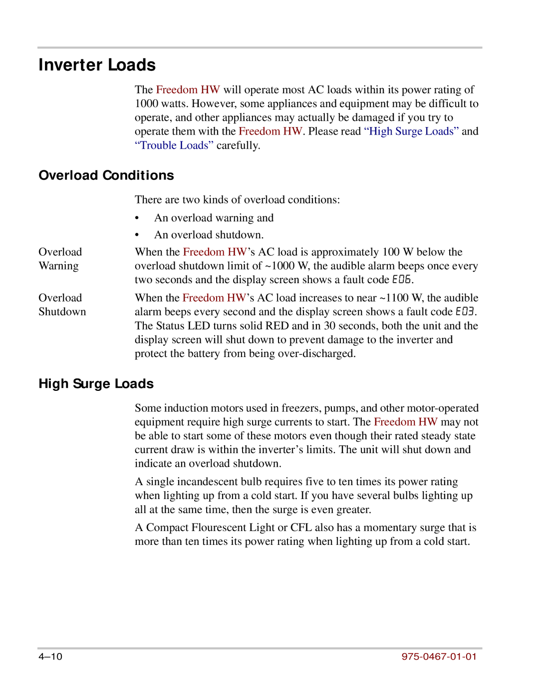 Xantrex Technology HW 1000 manual Inverter Loads, Overload Conditions, High Surge Loads 