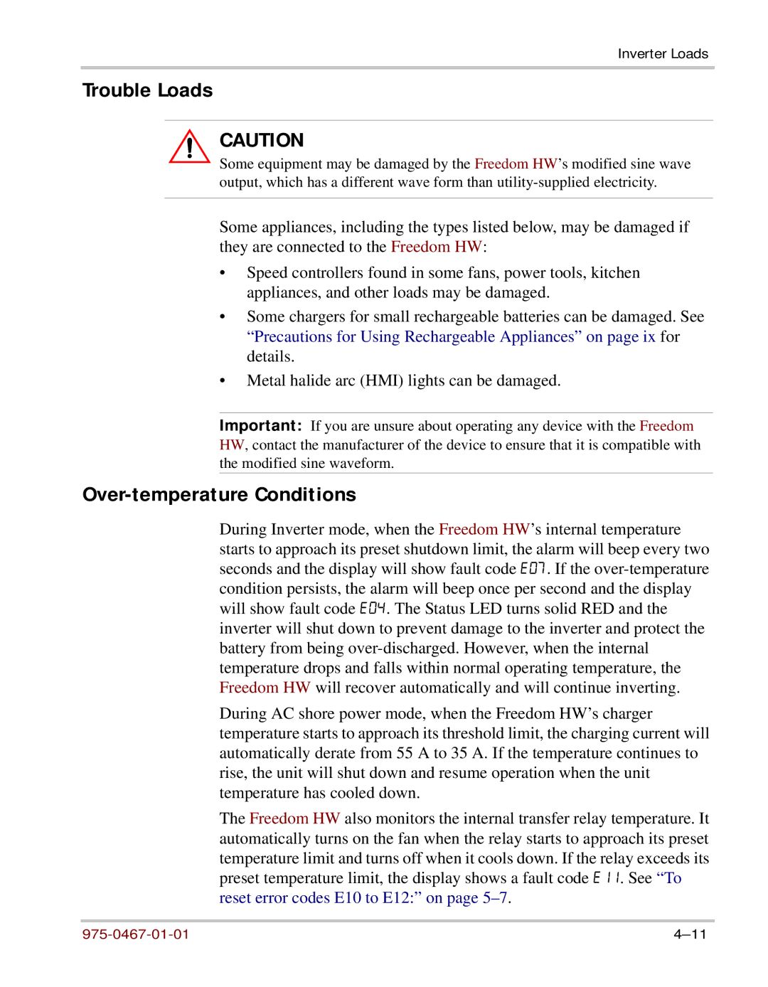 Xantrex Technology HW 1000 manual Trouble Loads, Over-temperature Conditions 