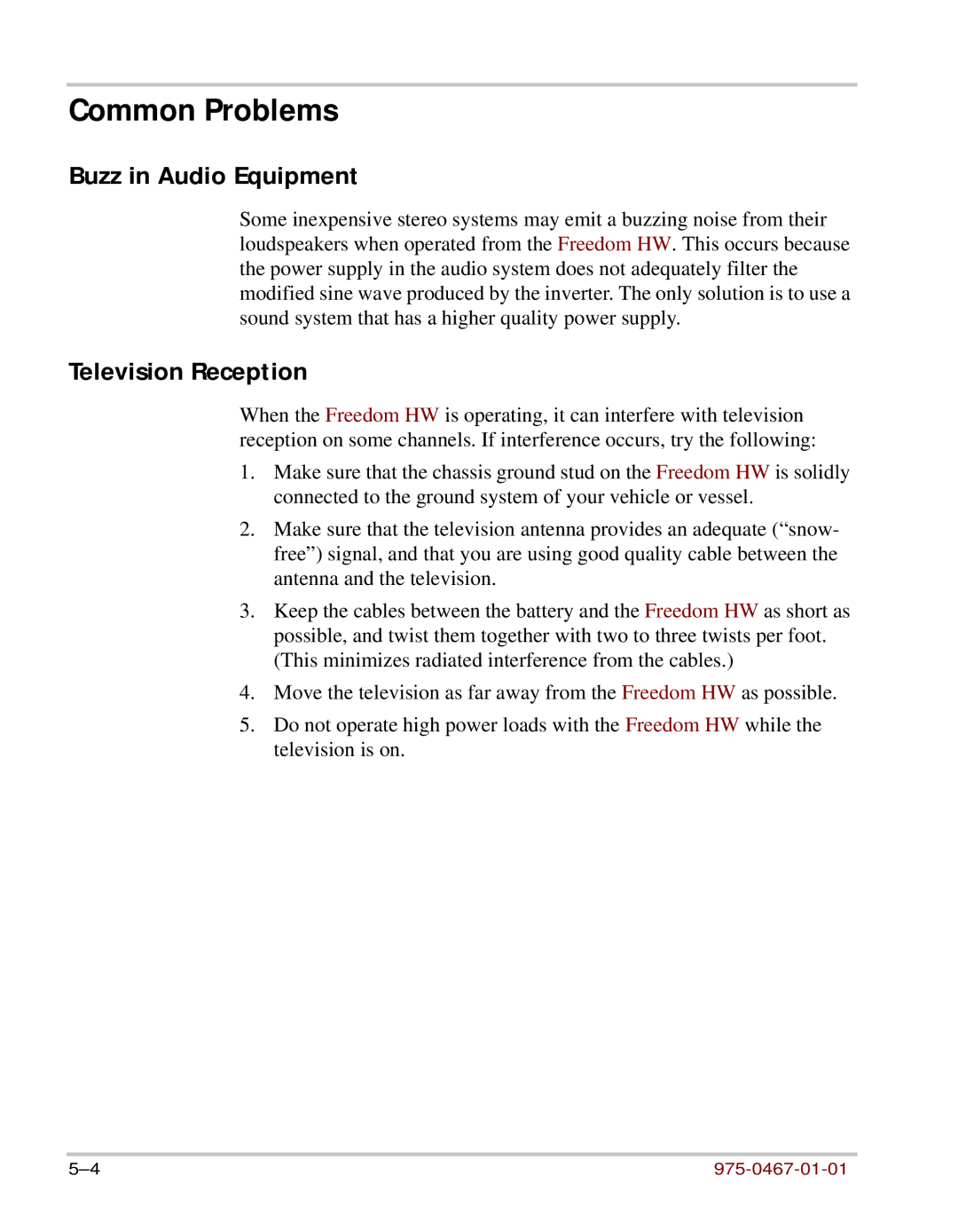 Xantrex Technology HW 1000 manual Common Problems, Buzz in Audio Equipment, Television Reception 