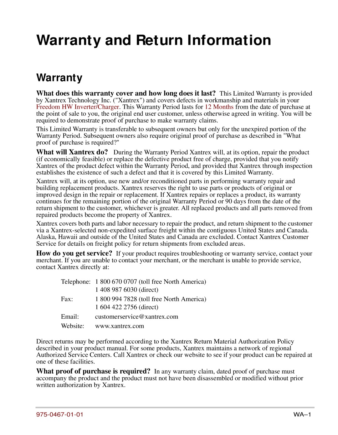 Xantrex Technology HW 1000 manual Warranty and Return Information 