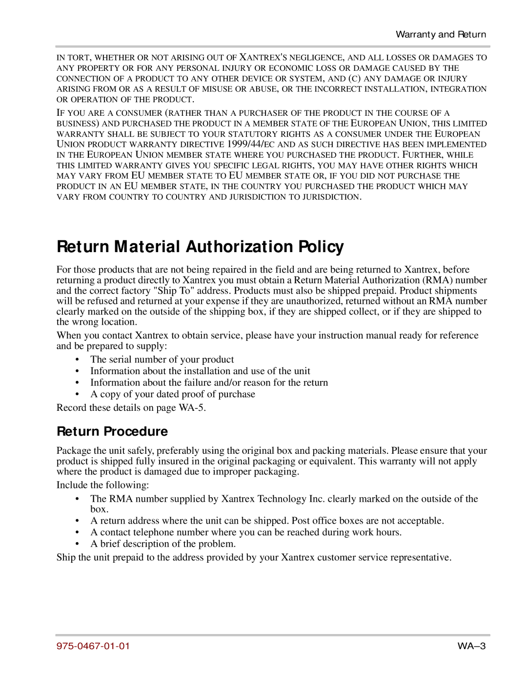 Xantrex Technology HW 1000 manual Return Material Authorization Policy, Return Procedure 