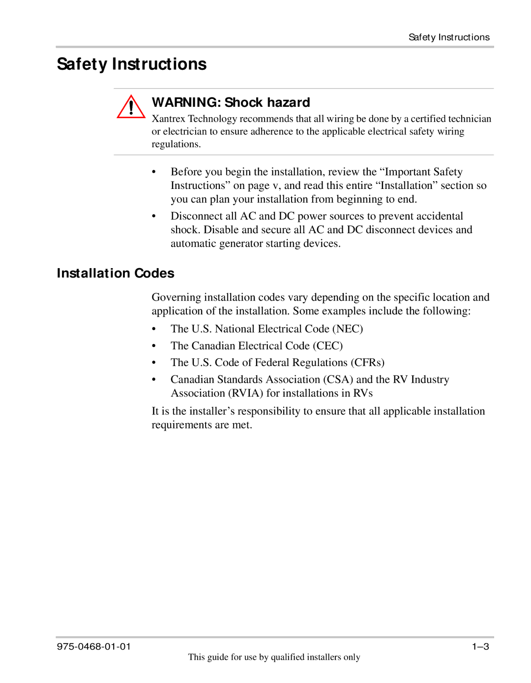 Xantrex Technology HW 1000 manual Safety Instructions, Installation Codes 