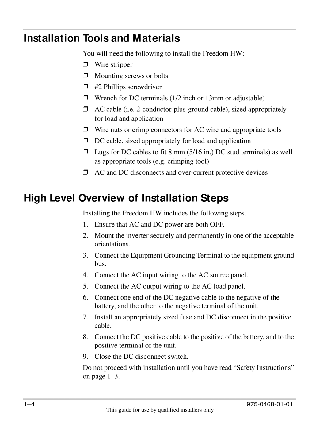 Xantrex Technology HW 1000 manual Installation Tools and Materials, High Level Overview of Installation Steps 