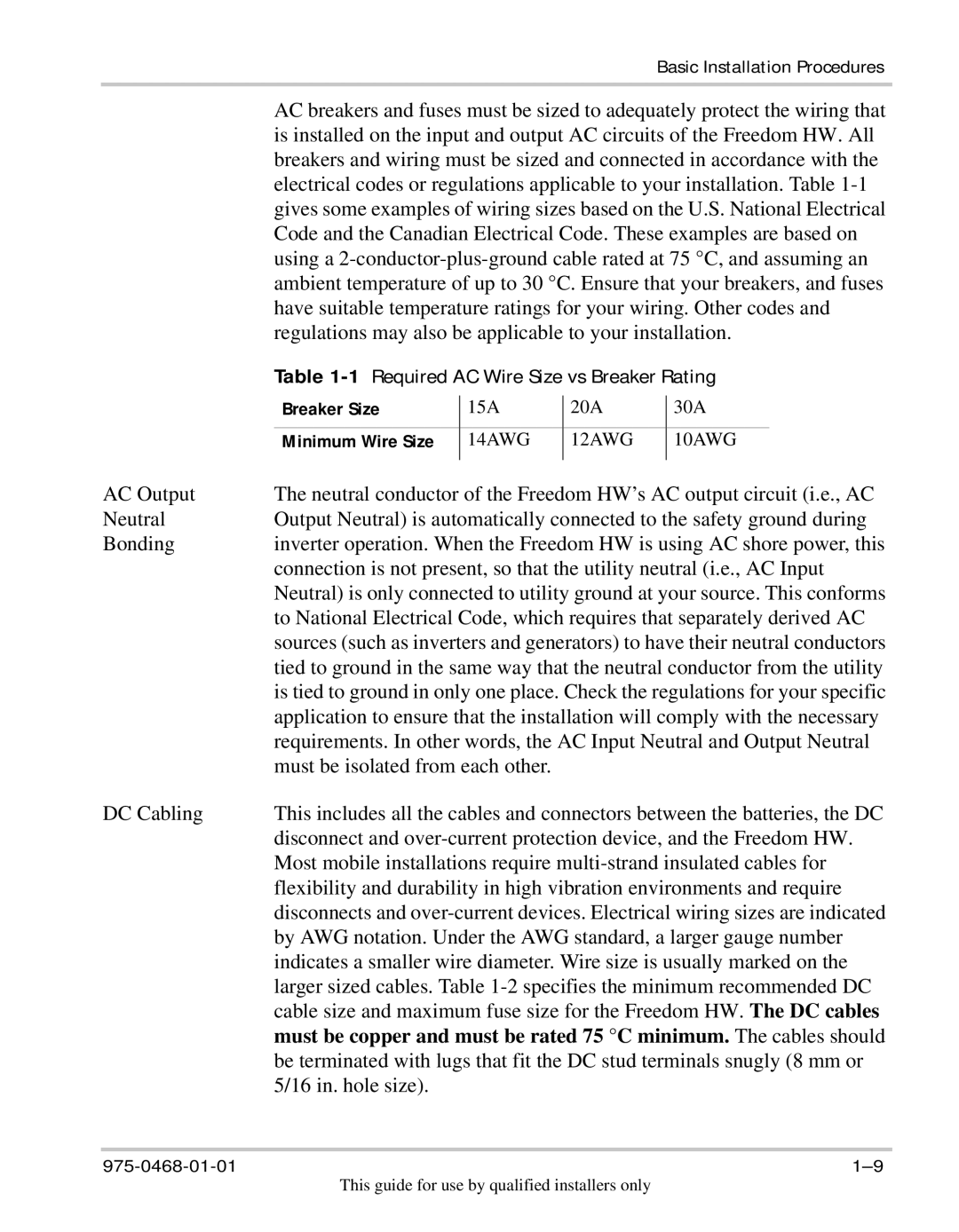 Xantrex Technology HW 1000 manual Breaker Size, Minimum Wire Size 