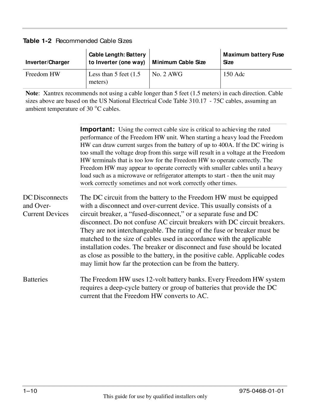 Xantrex Technology HW 1000 manual Inverter/Charger, Minimum Cable Size 