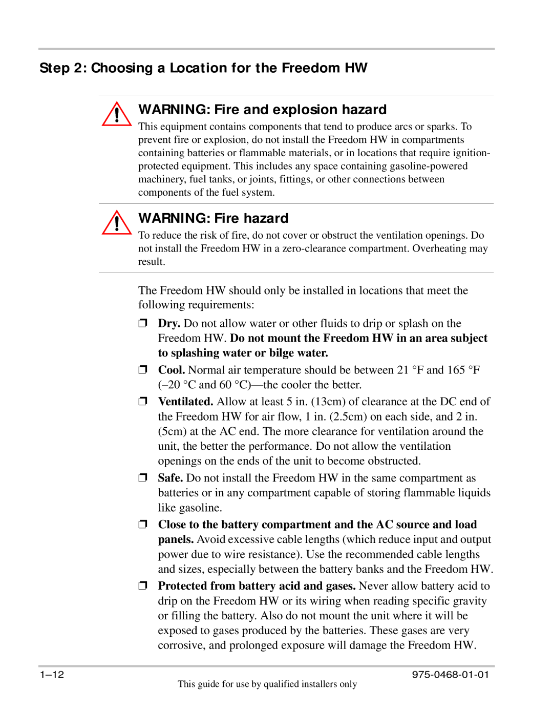 Xantrex Technology HW 1000 manual Choosing a Location for the Freedom HW 