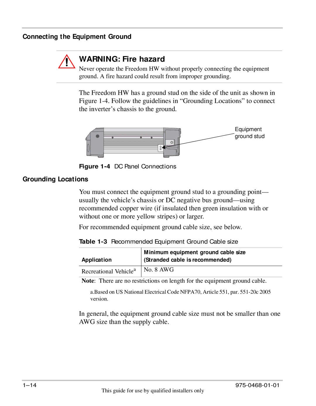 Xantrex Technology HW 1000 manual Minimum equipment ground cable size, Application Stranded cable is recommended 