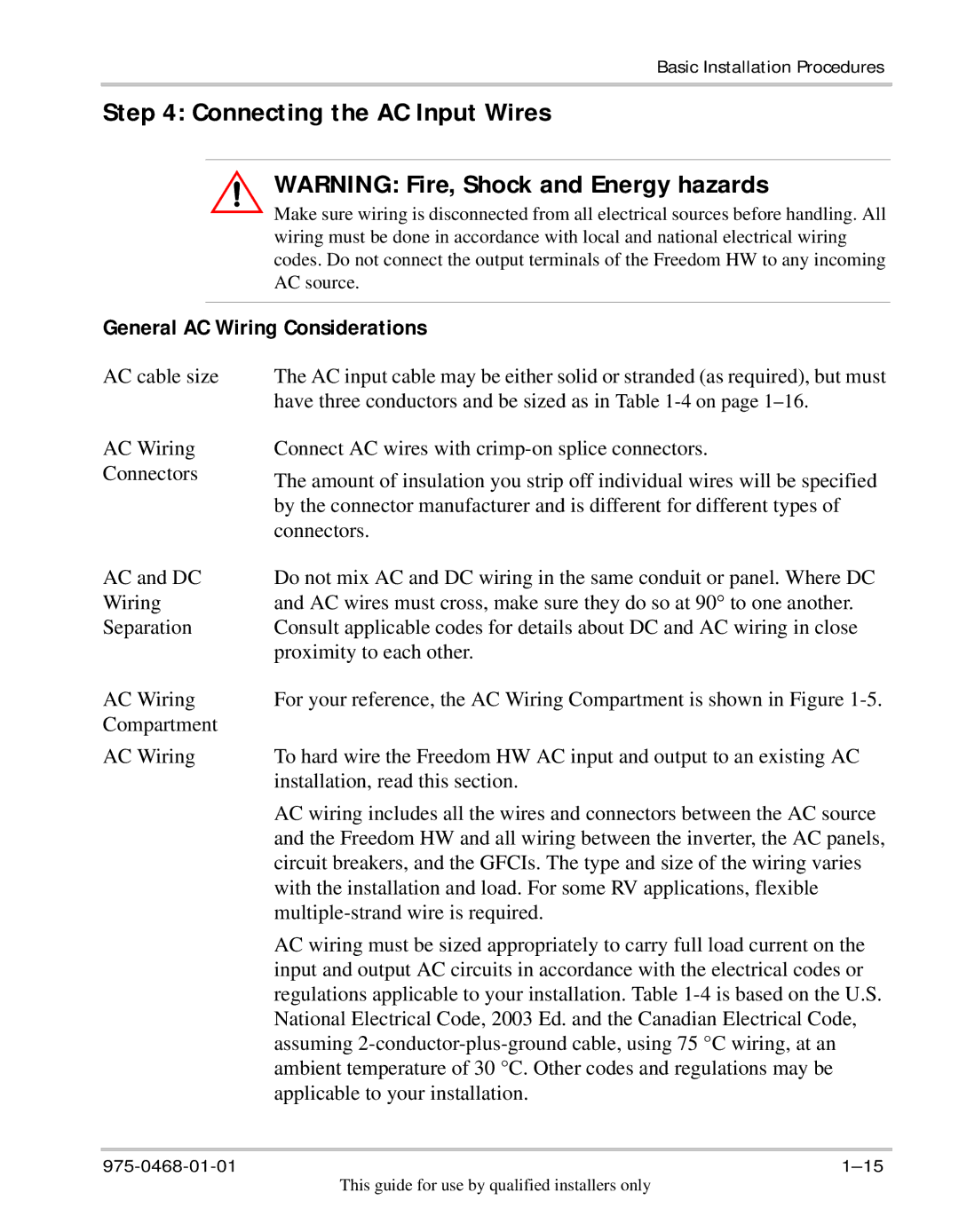 Xantrex Technology HW 1000 manual Connecting the AC Input Wires, General AC Wiring Considerations 