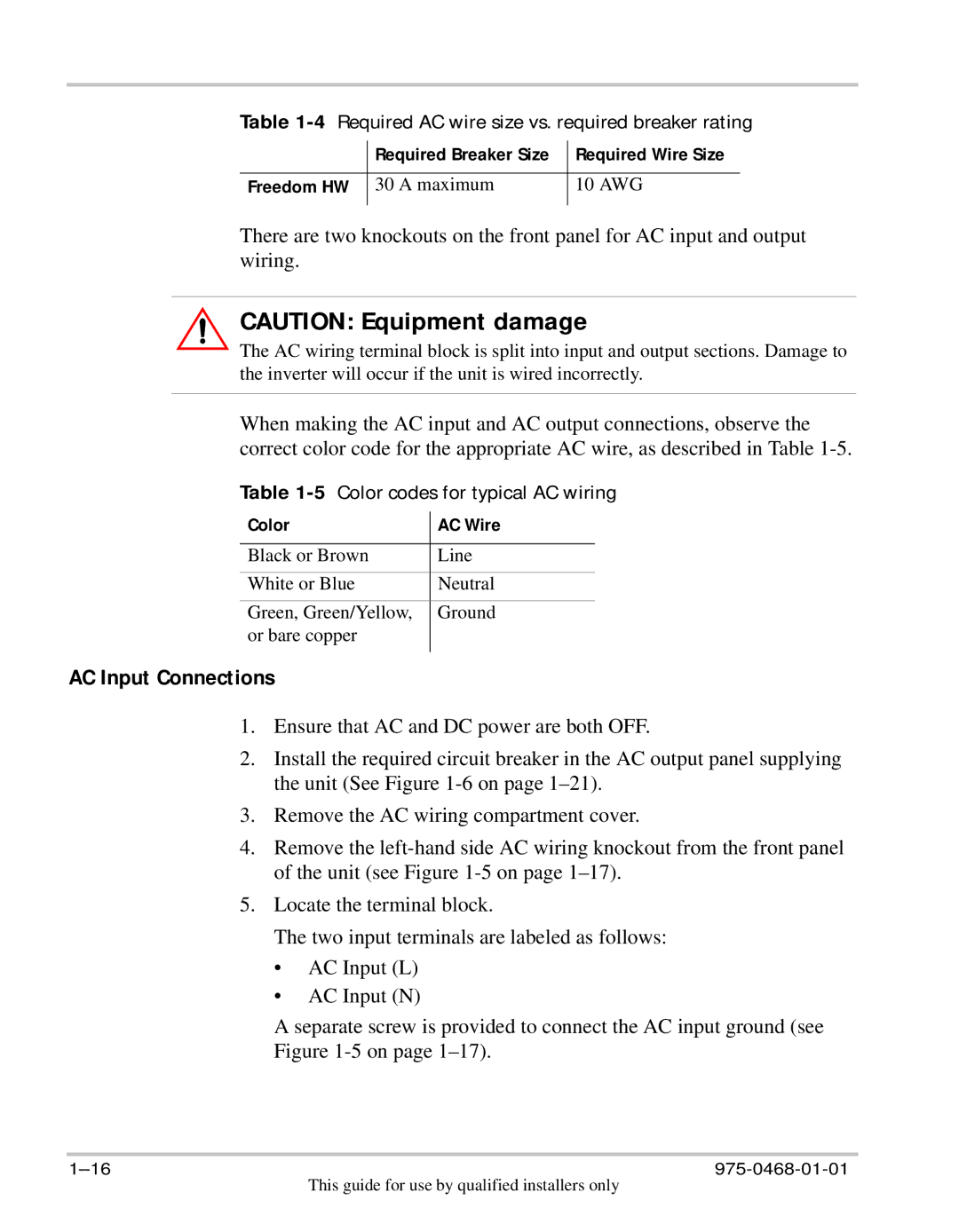 Xantrex Technology HW 1000 manual Freedom HW, Color AC Wire 