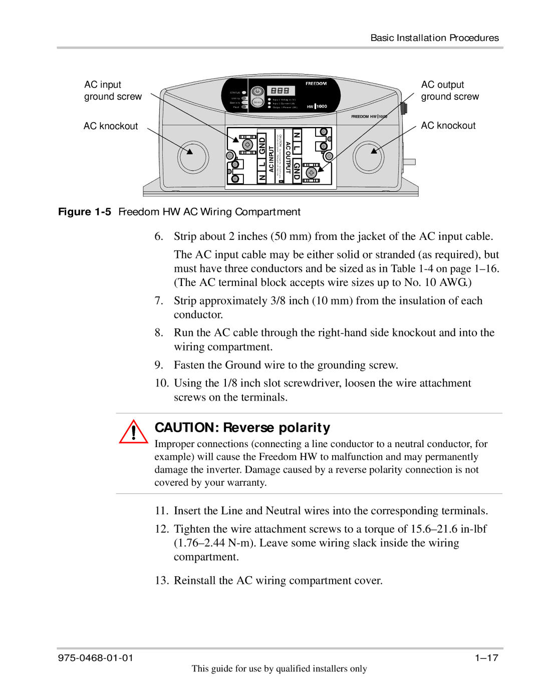 Xantrex Technology HW 1000 manual 5Freedom HW AC Wiring Compartment 