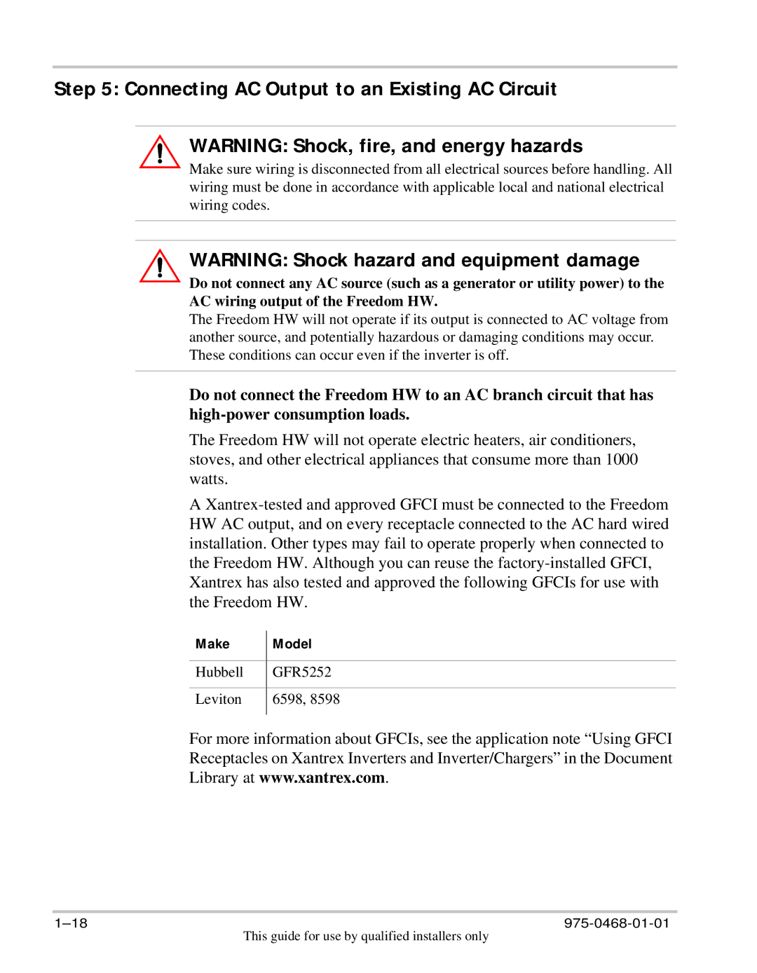 Xantrex Technology HW 1000 manual Connecting AC Output to an Existing AC Circuit, Make Model 