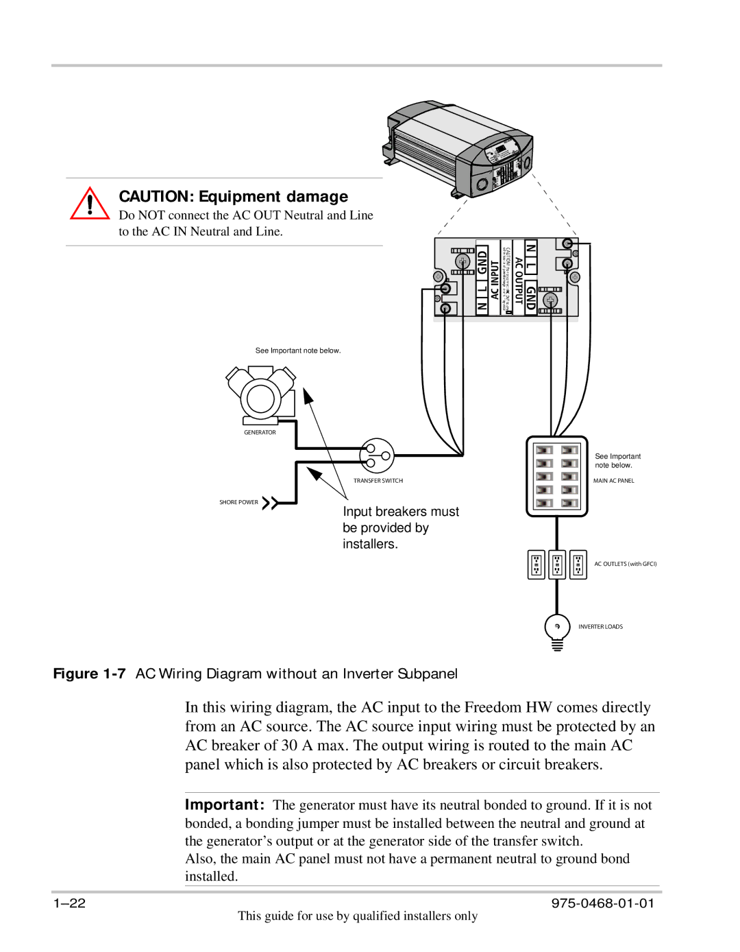 Xantrex Technology HW 1000 manual 7AC Wiring Diagram without an Inverter Subpanel 