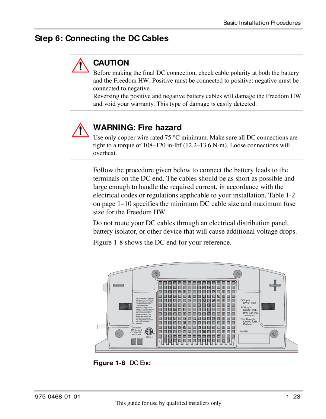 Xantrex Technology HW 1000 manual Connecting the DC Cables, 8shows the DC end for your reference 