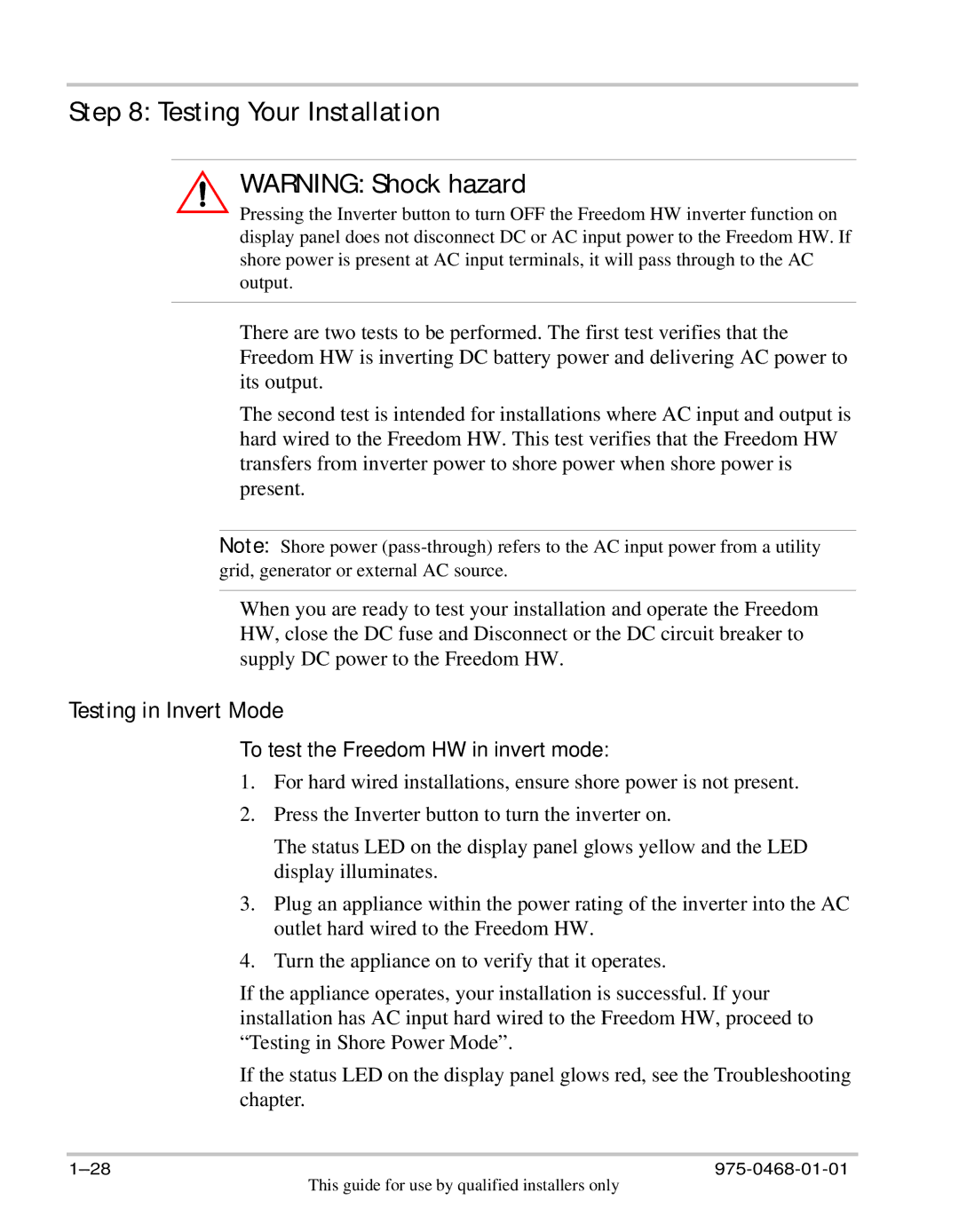 Xantrex Technology HW 1000 manual Testing Your Installation, Testing in Invert Mode 