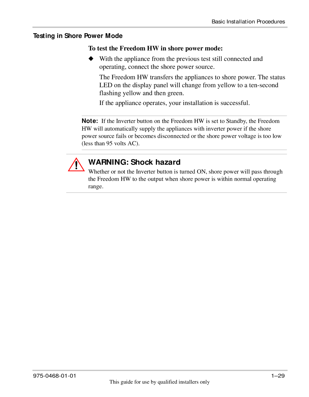 Xantrex Technology HW 1000 manual Testing in Shore Power Mode 