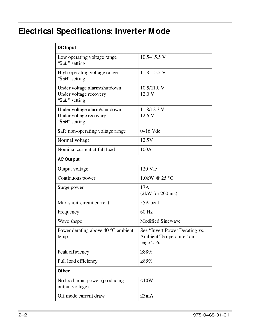 Xantrex Technology HW 1000 manual Electrical Specifications Inverter Mode, DC Input, AC Output, Other 