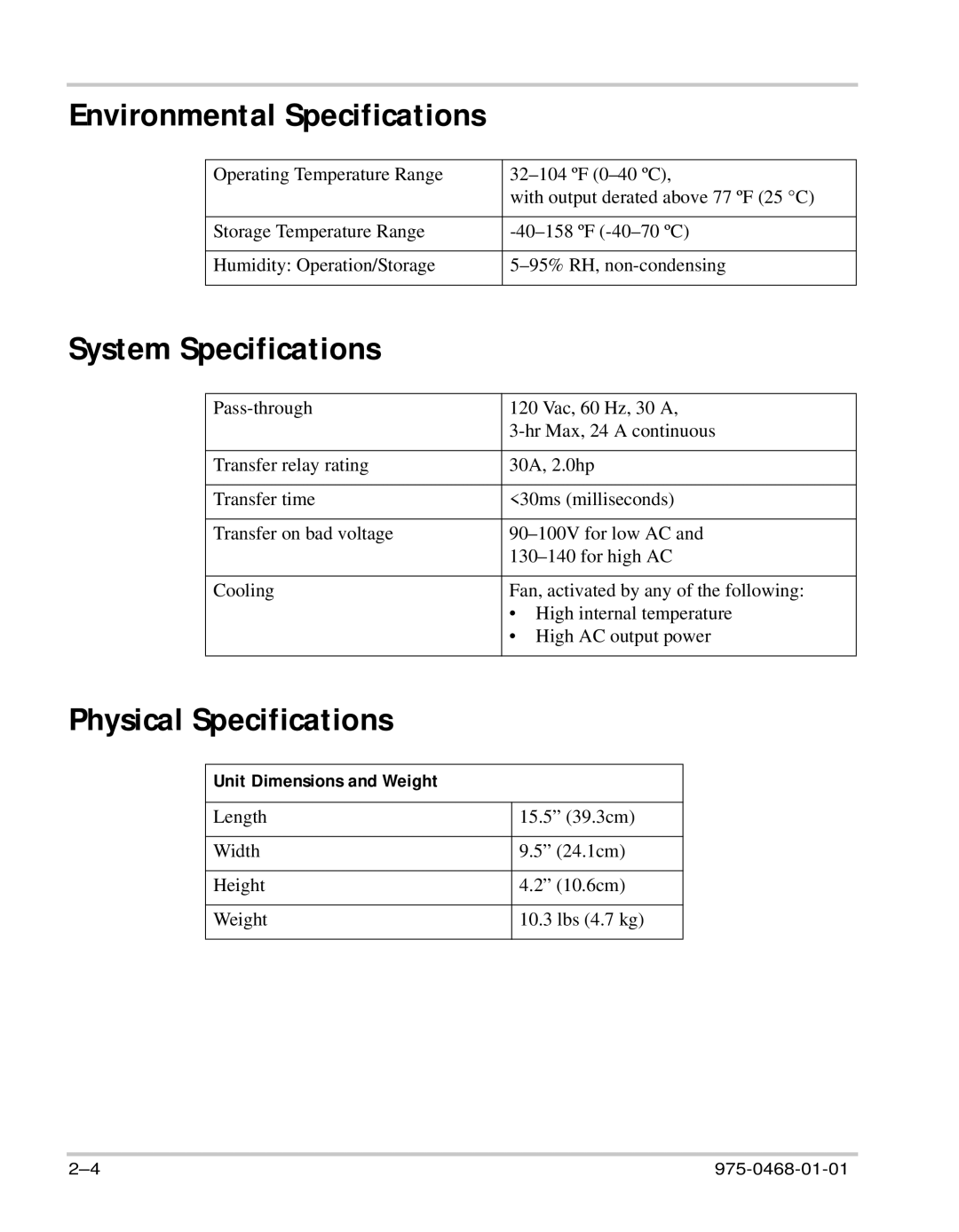 Xantrex Technology HW 1000 manual Environmental Specifications, System Specifications, Physical Specifications 