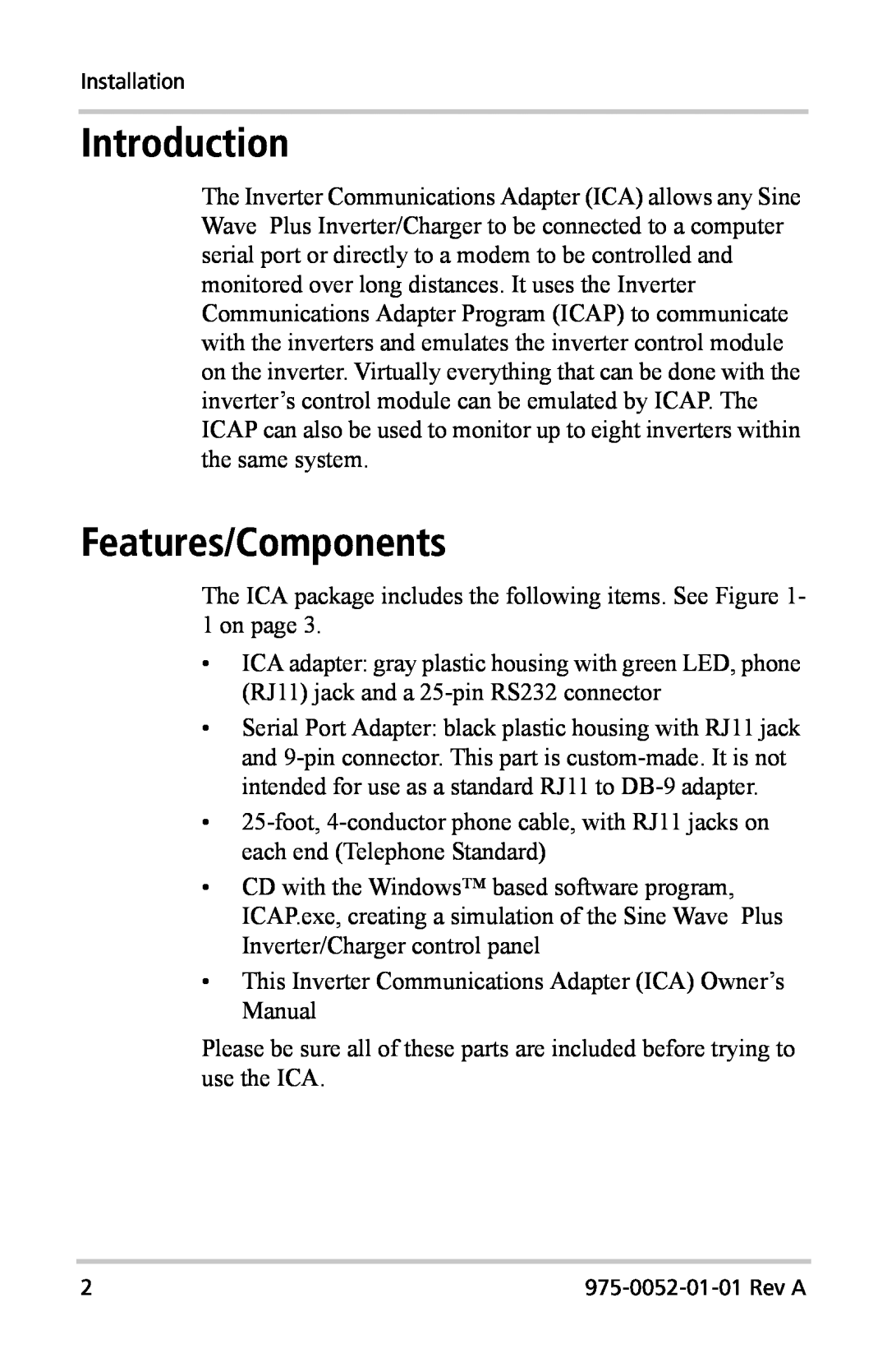 Xantrex Technology Inverter Communications Adapter manual Introduction, Features/Components 