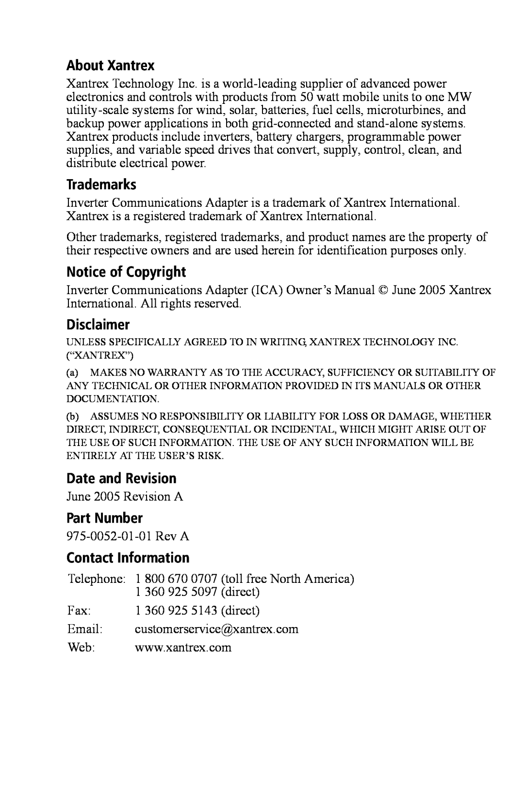 Xantrex Technology Inverter Communications Adapter About Xantrex, Trademarks, Notice of Copyright, Disclaimer, Part Number 