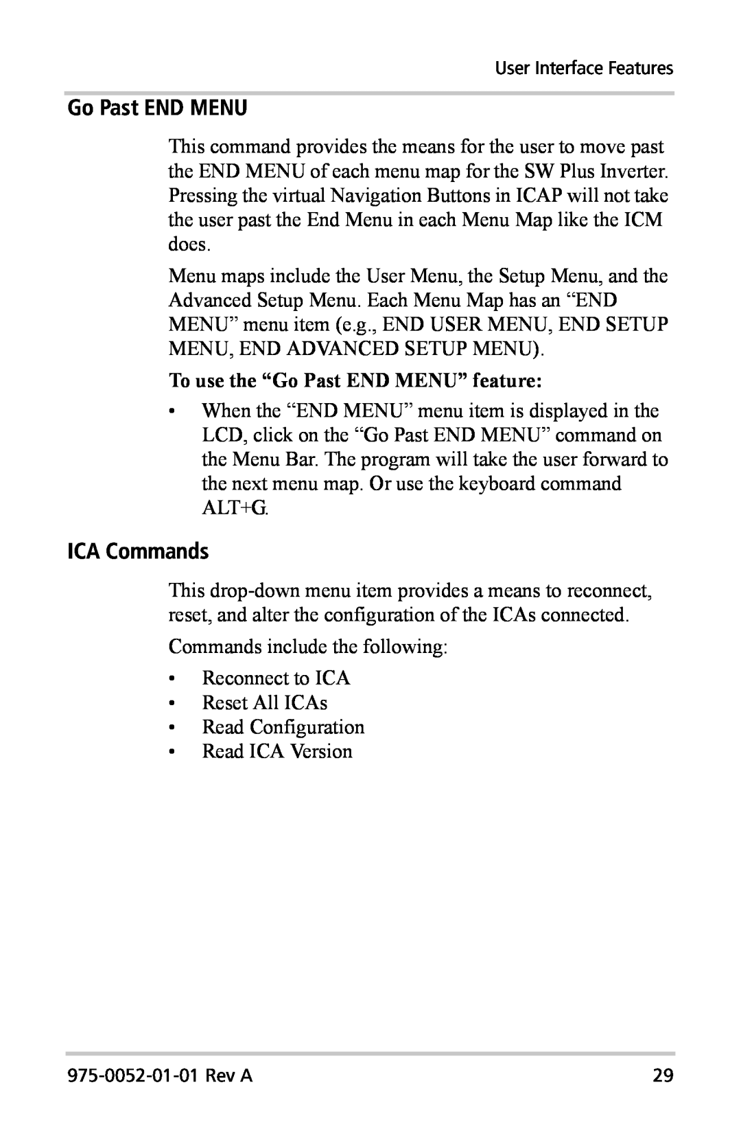 Xantrex Technology Inverter Communications Adapter manual ICA Commands, To use the “Go Past END MENU” feature 