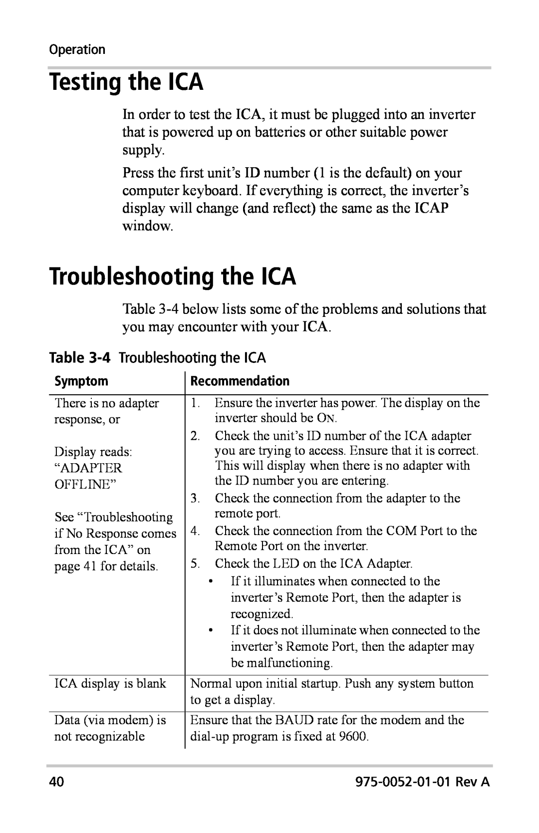 Xantrex Technology Inverter Communications Adapter manual Testing the ICA, 4 Troubleshooting the ICA 