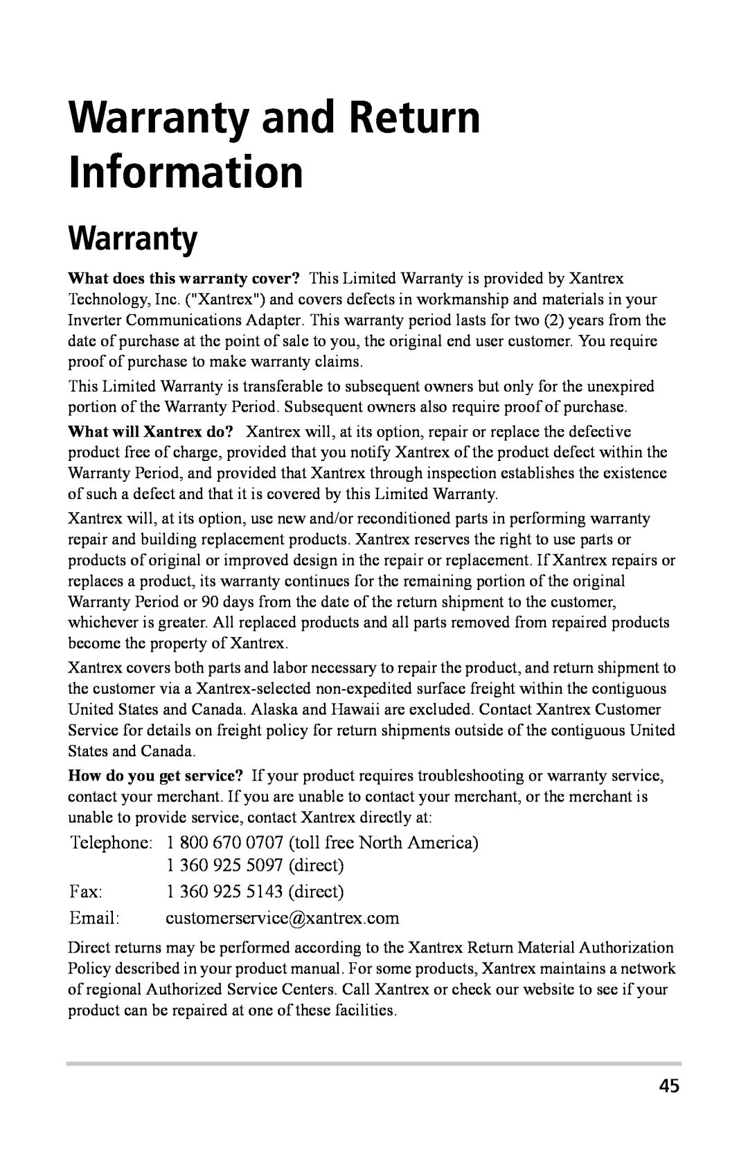 Xantrex Technology Inverter Communications Adapter manual Warranty and Return Information 