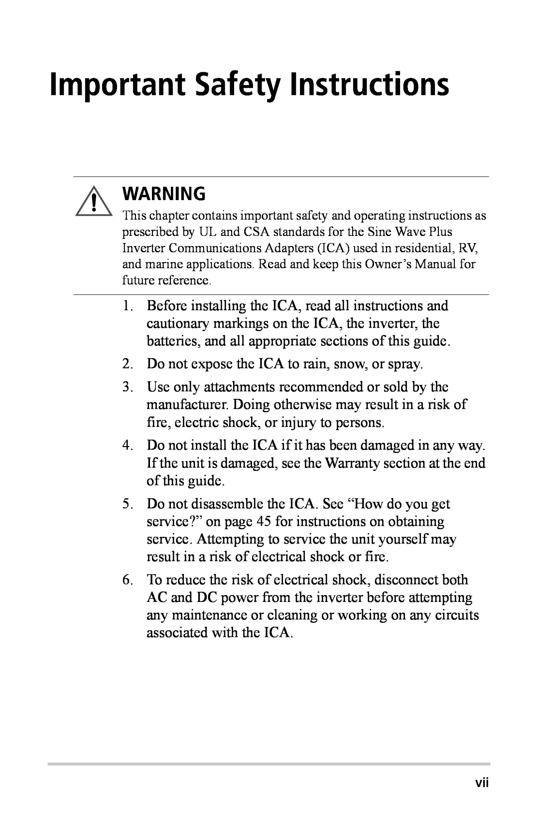 Xantrex Technology Inverter Communications Adapter manual Important Safety Instructions 