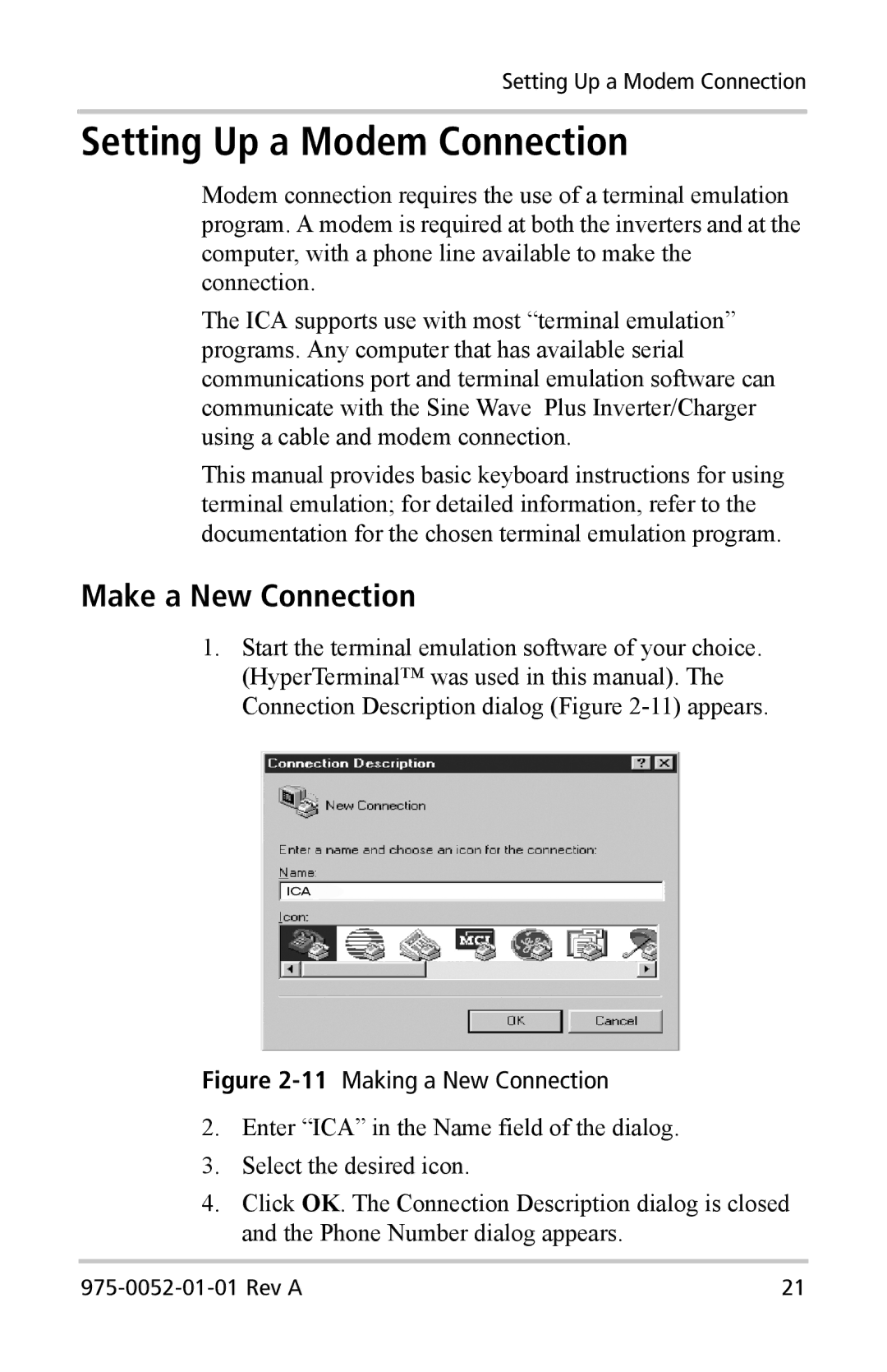 Xantrex Technology Inverter Communications Adapter manual Setting Up a Modem Connection, Make a New Connection 