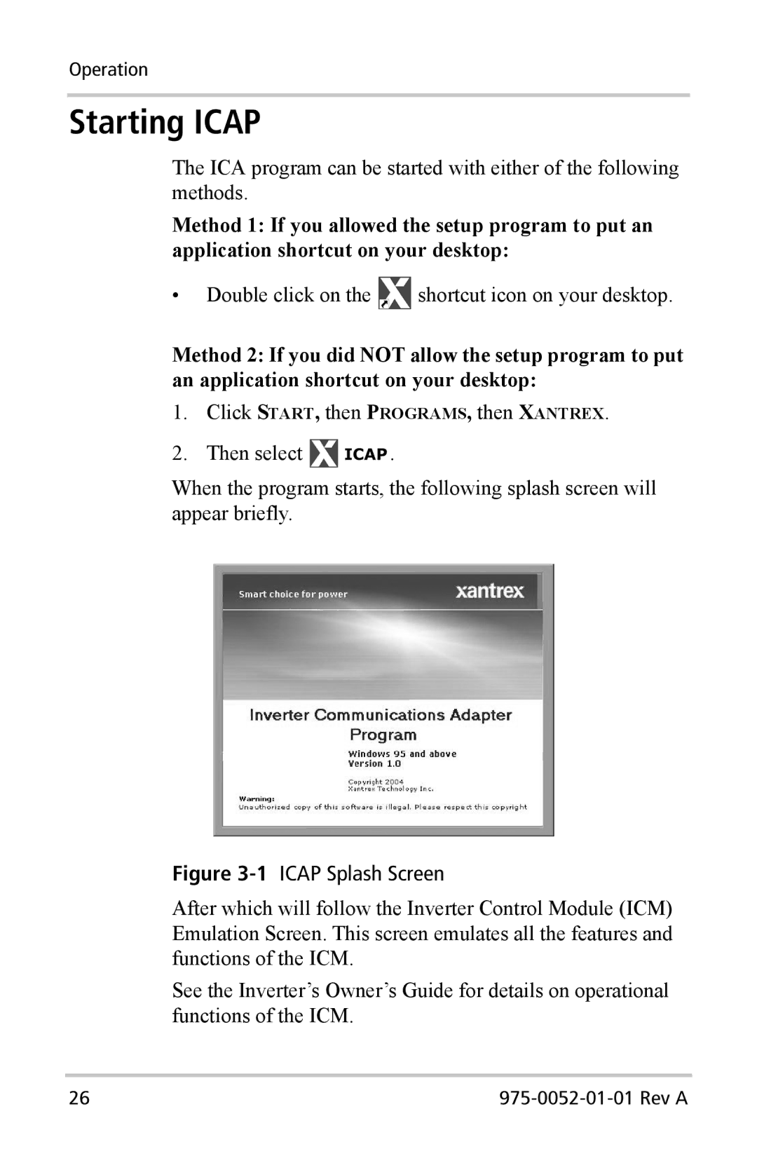 Xantrex Technology Inverter Communications Adapter manual Starting Icap, 1ICAP Splash Screen 