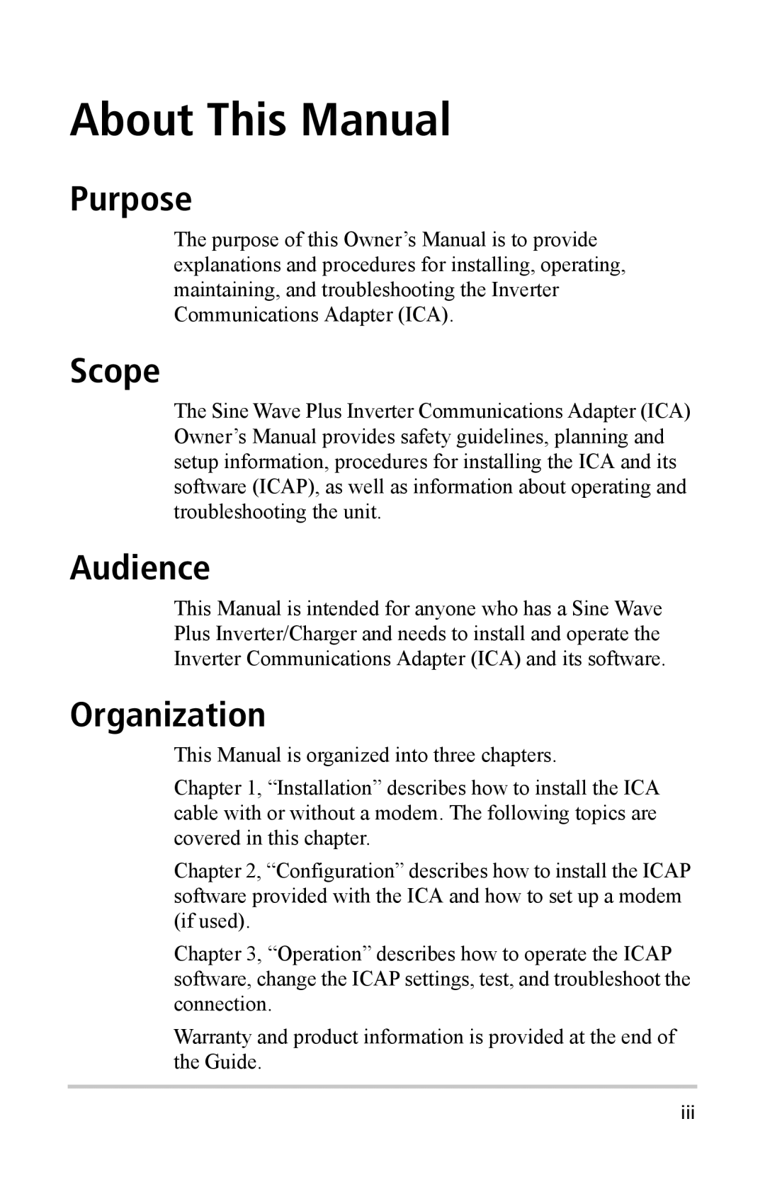 Xantrex Technology Inverter Communications Adapter manual Purpose Scope Audience, Organization 