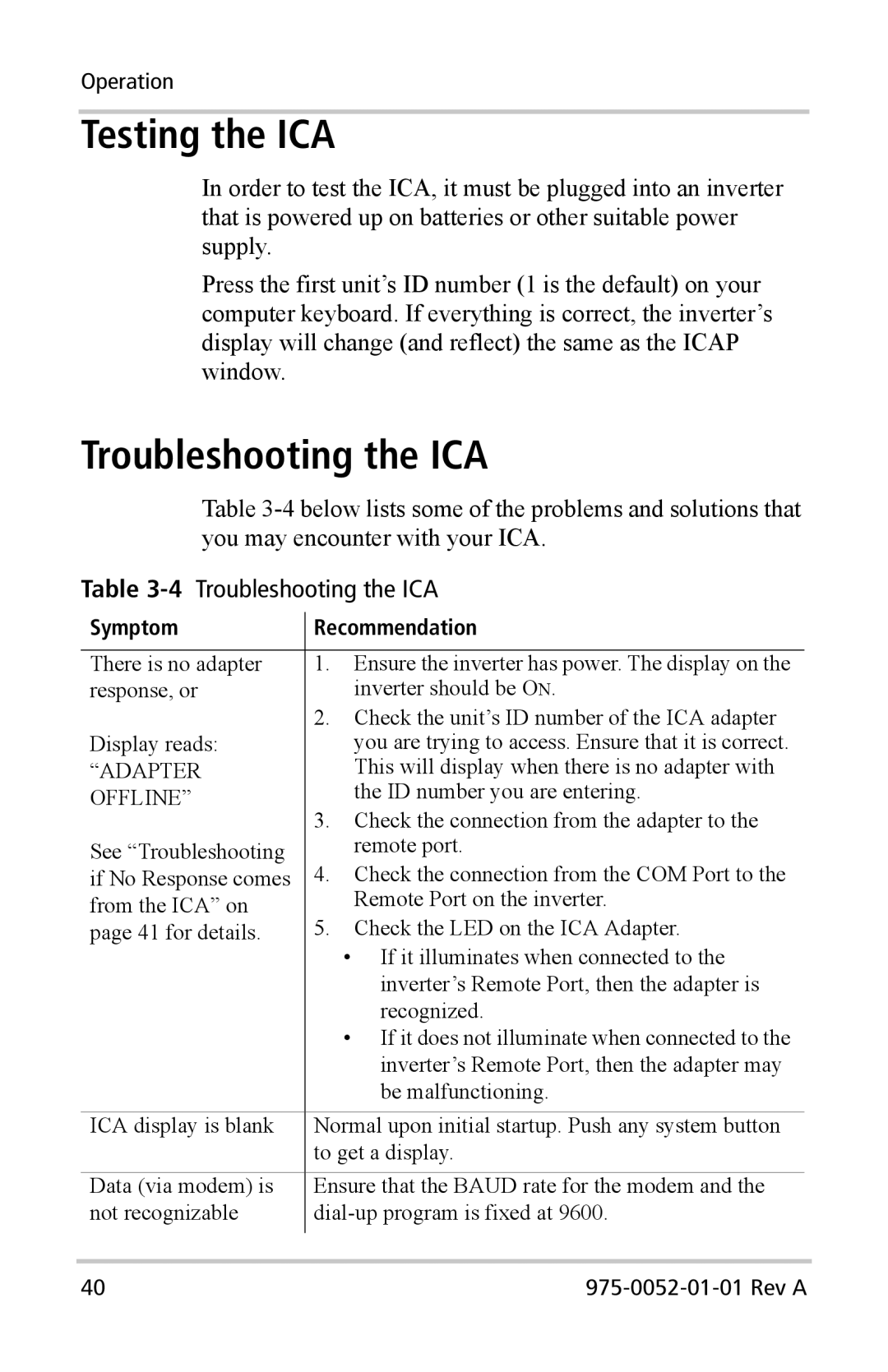 Xantrex Technology Inverter Communications Adapter manual Testing the ICA, Troubleshooting the ICA 