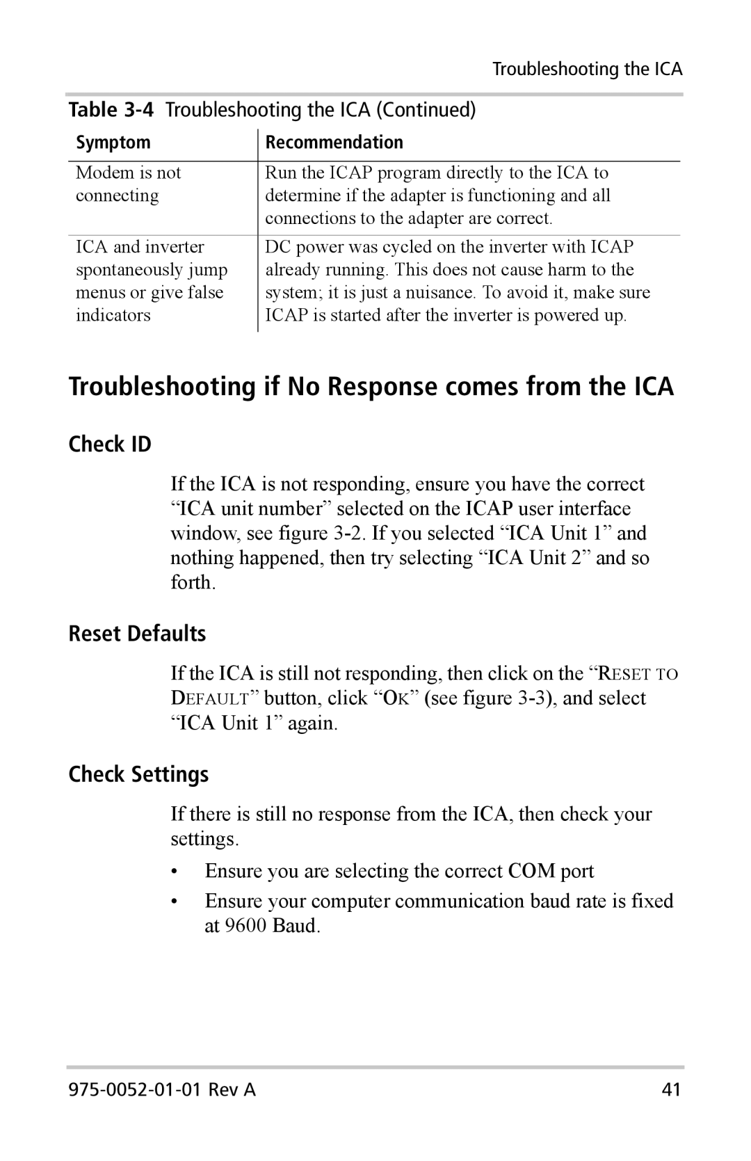 Xantrex Technology Inverter Communications Adapter manual Troubleshooting if No Response comes from the ICA 