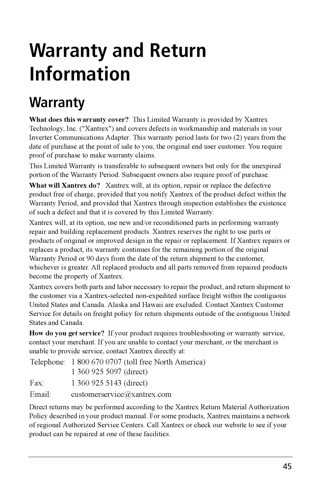 Xantrex Technology Inverter Communications Adapter manual Warranty and Return Information 