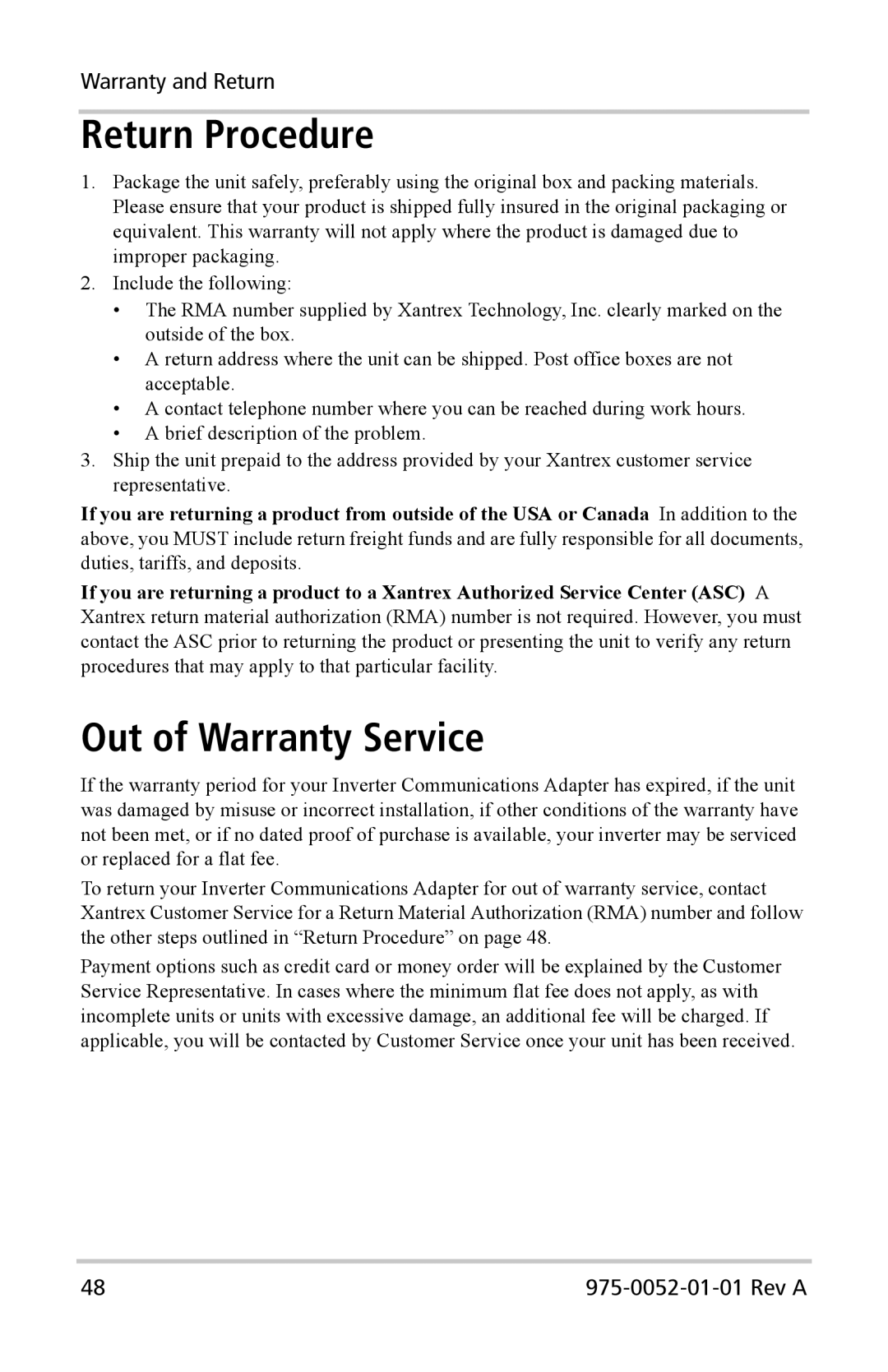 Xantrex Technology Inverter Communications Adapter manual Return Procedure, Out of Warranty Service 