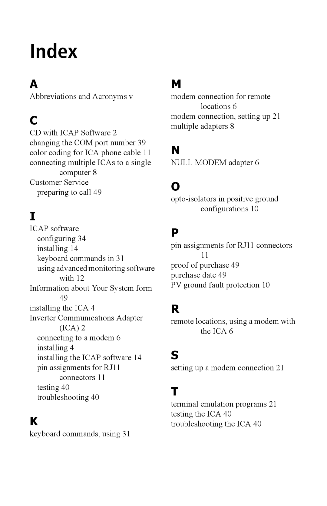 Xantrex Technology Inverter Communications Adapter manual Index 