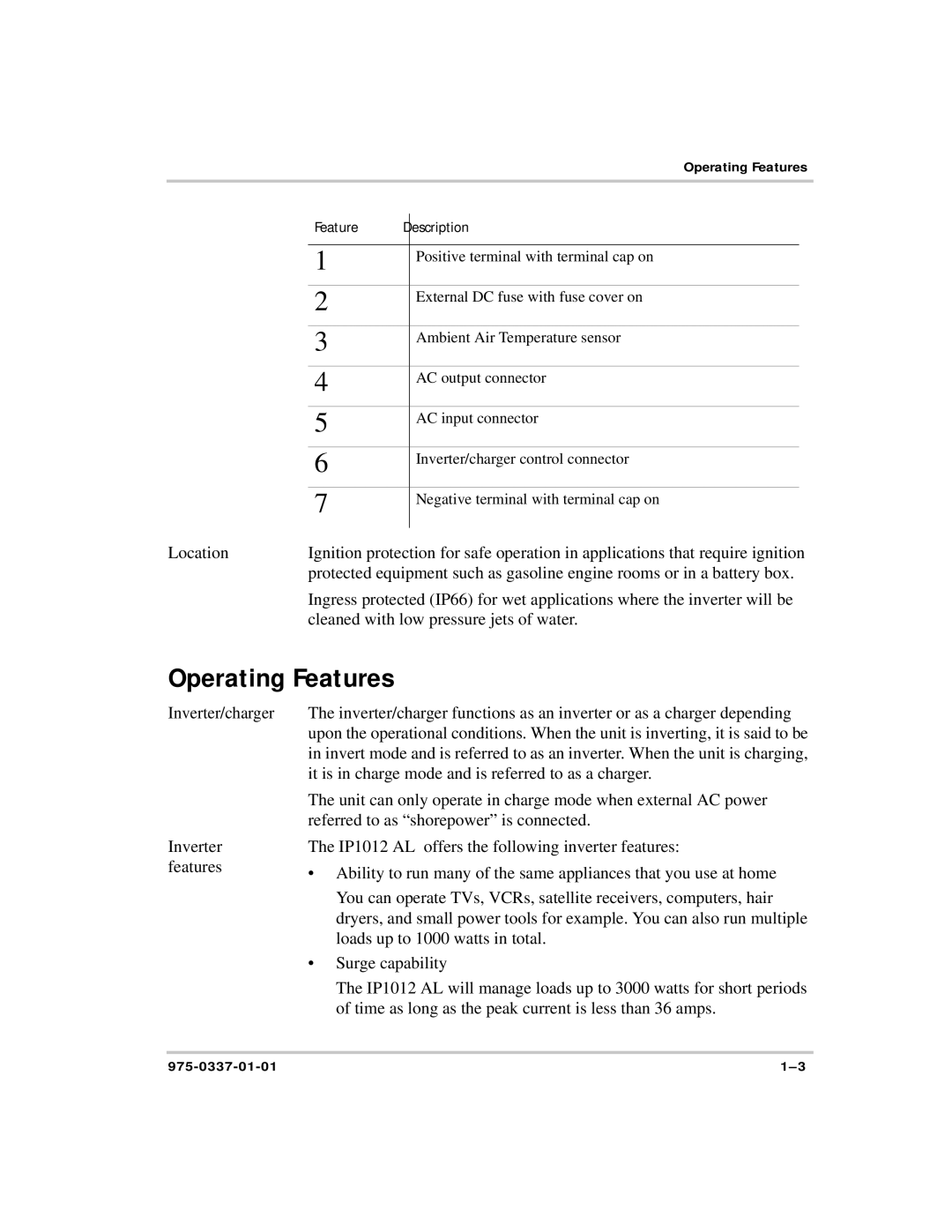 Xantrex Technology IP1012 AL manual Operating Features, Feature Description 