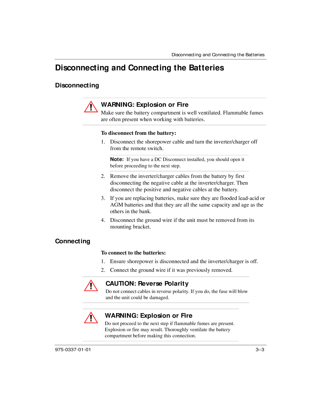 Xantrex Technology IP1012 AL manual Disconnecting and Connecting the Batteries 