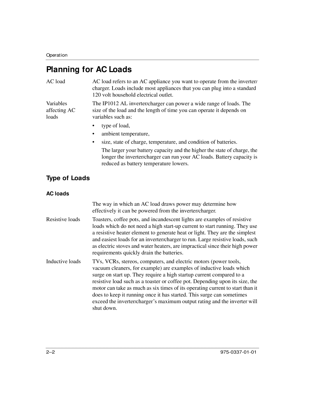 Xantrex Technology IP1012 AL manual Planning for AC Loads, Type of Loads 