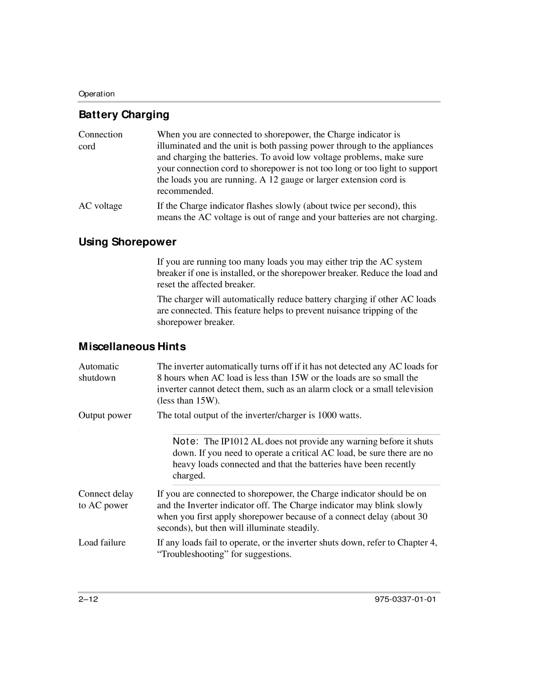 Xantrex Technology IP1012 AL manual Battery Charging, Using Shorepower, Miscellaneous Hints, Automatic 