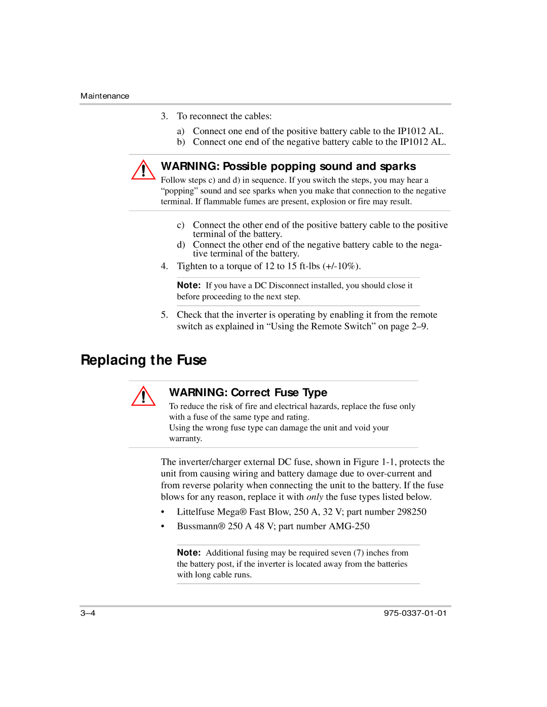 Xantrex Technology IP1012 AL manual Replacing the Fuse 