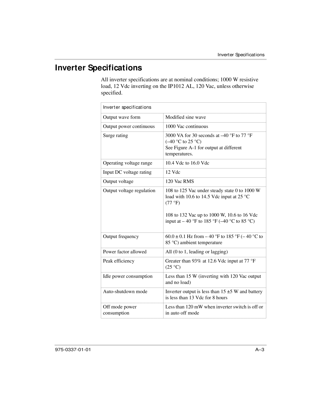 Xantrex Technology IP1012 AL manual Inverter Specifications 