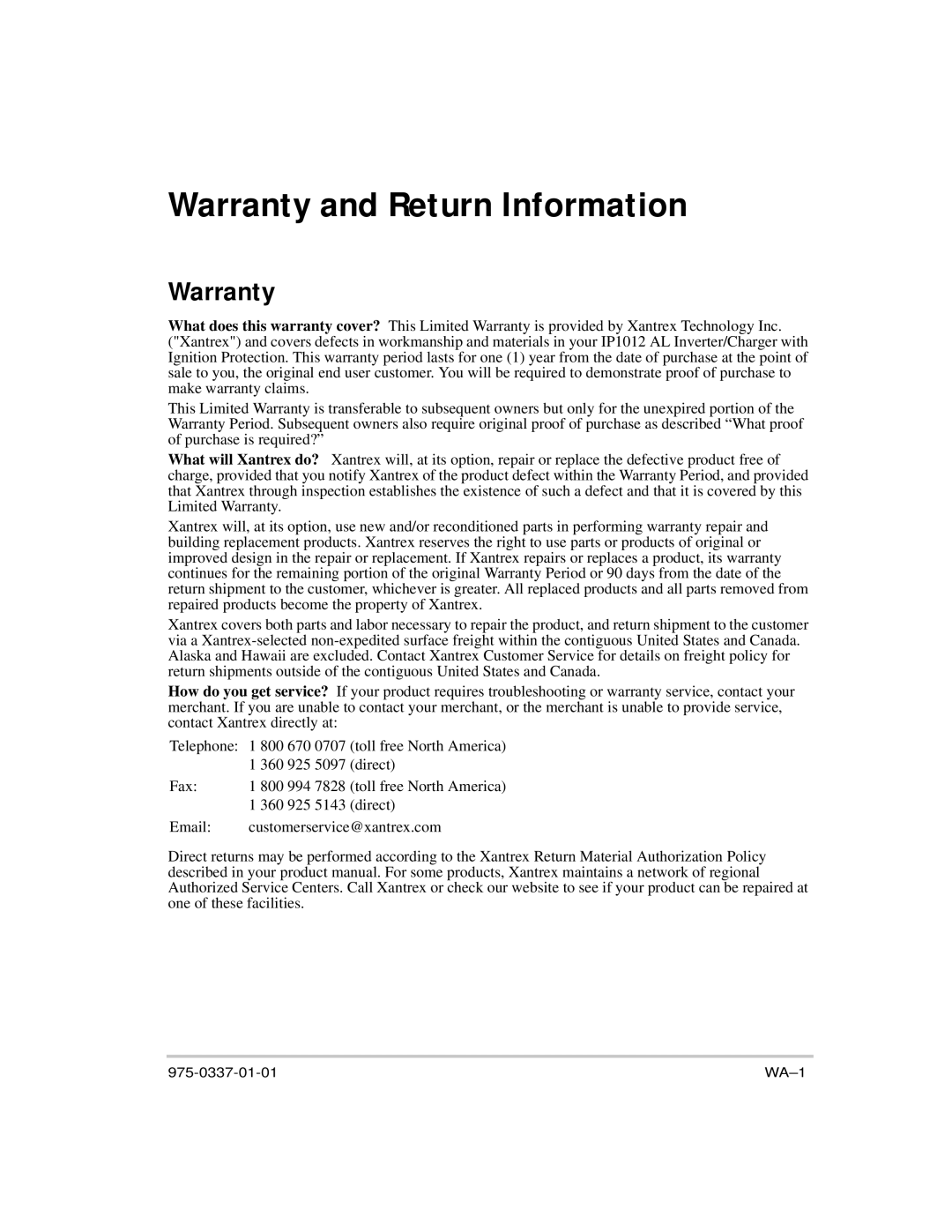 Xantrex Technology IP1012 AL manual Warranty and Return Information 