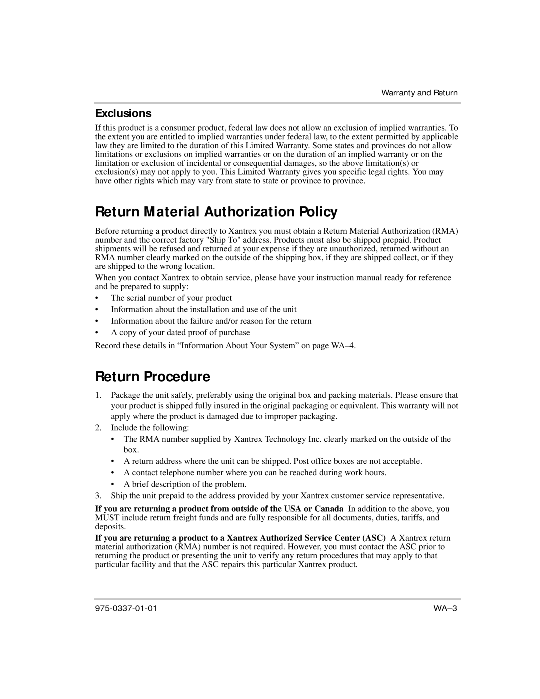 Xantrex Technology IP1012 AL manual Return Material Authorization Policy, Return Procedure, Exclusions 